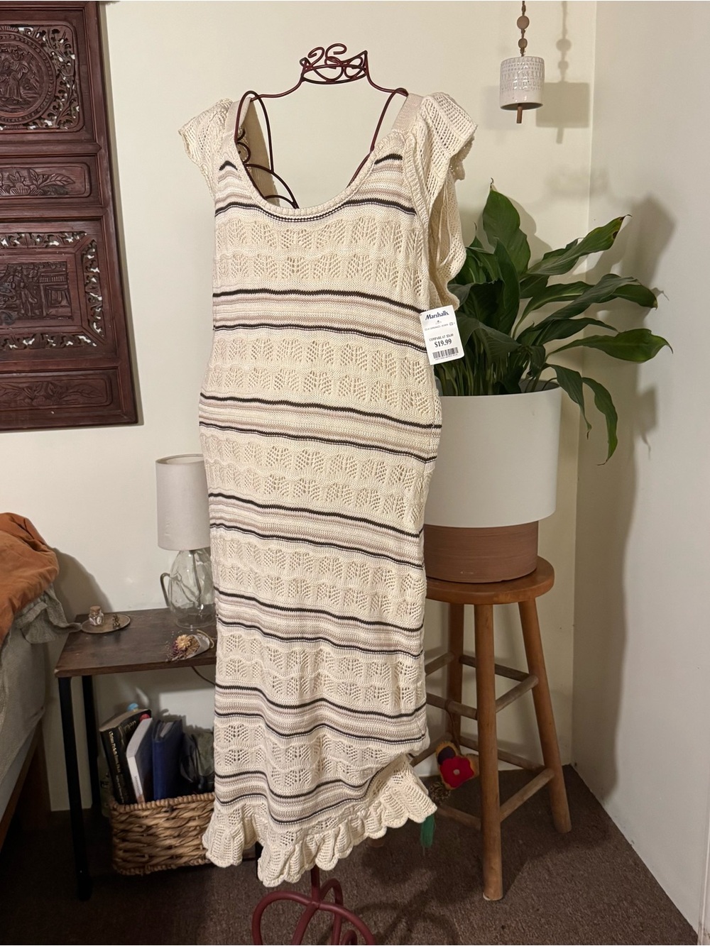 Freshman Cream Maxi Dress with Black and Brown Stripes